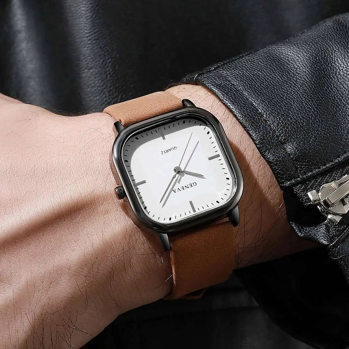 Fashion Square Minimalist Men's Quartz Watch Casual Leather Strap Wristwatch Reloj Hombre(Without Box)