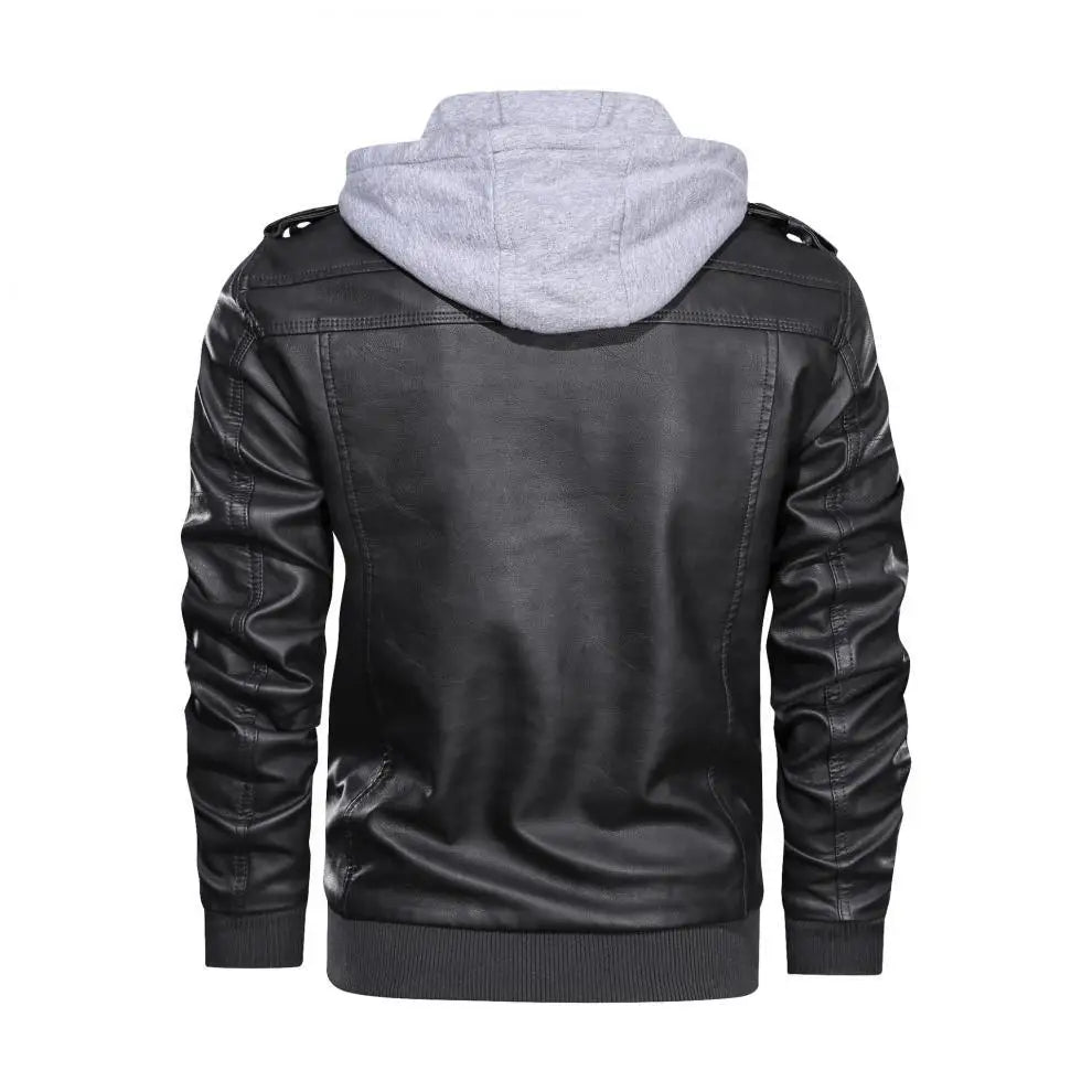 Men Jackets Fake Two Leather Jacket Double Zipper Removable Hooded Biker Leather Coat Male Cardigan Overcoat