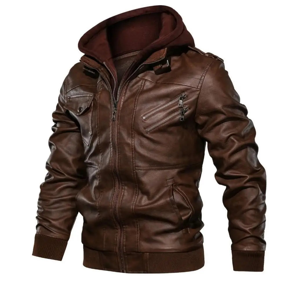 Men Jackets Fake Two Leather Jacket Double Zipper Removable Hooded Biker Leather Coat Male Cardigan Overcoat
