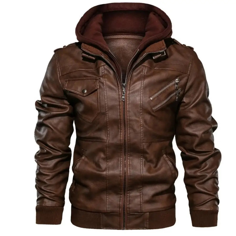 Men Jackets Fake Two Leather Jacket Double Zipper Removable Hooded Biker Leather Coat Male Cardigan Overcoat