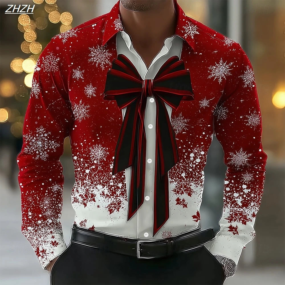 2025 Men's Christmas Snowflake Formal Shirt, 3D Printed Tie Design,Elegant Tuxedo Style,Holiday Party Wedding Attire,Spring Wear