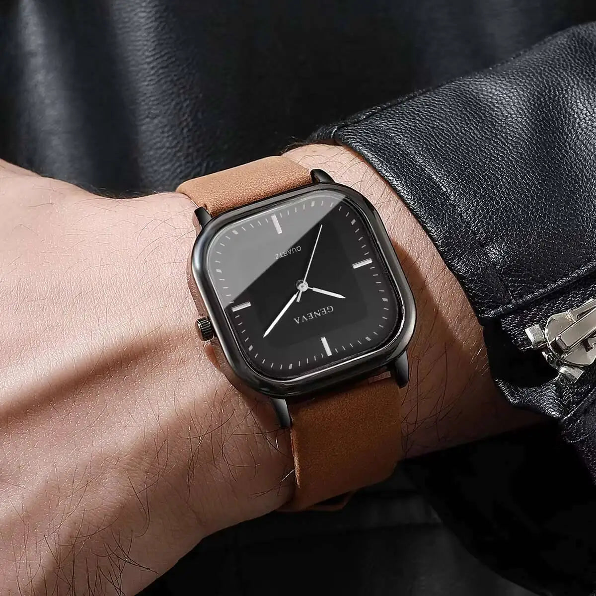 Fashion Square Minimalist Men's Quartz Watch Casual Leather Strap Wristwatch Reloj Hombre(Without Box)
