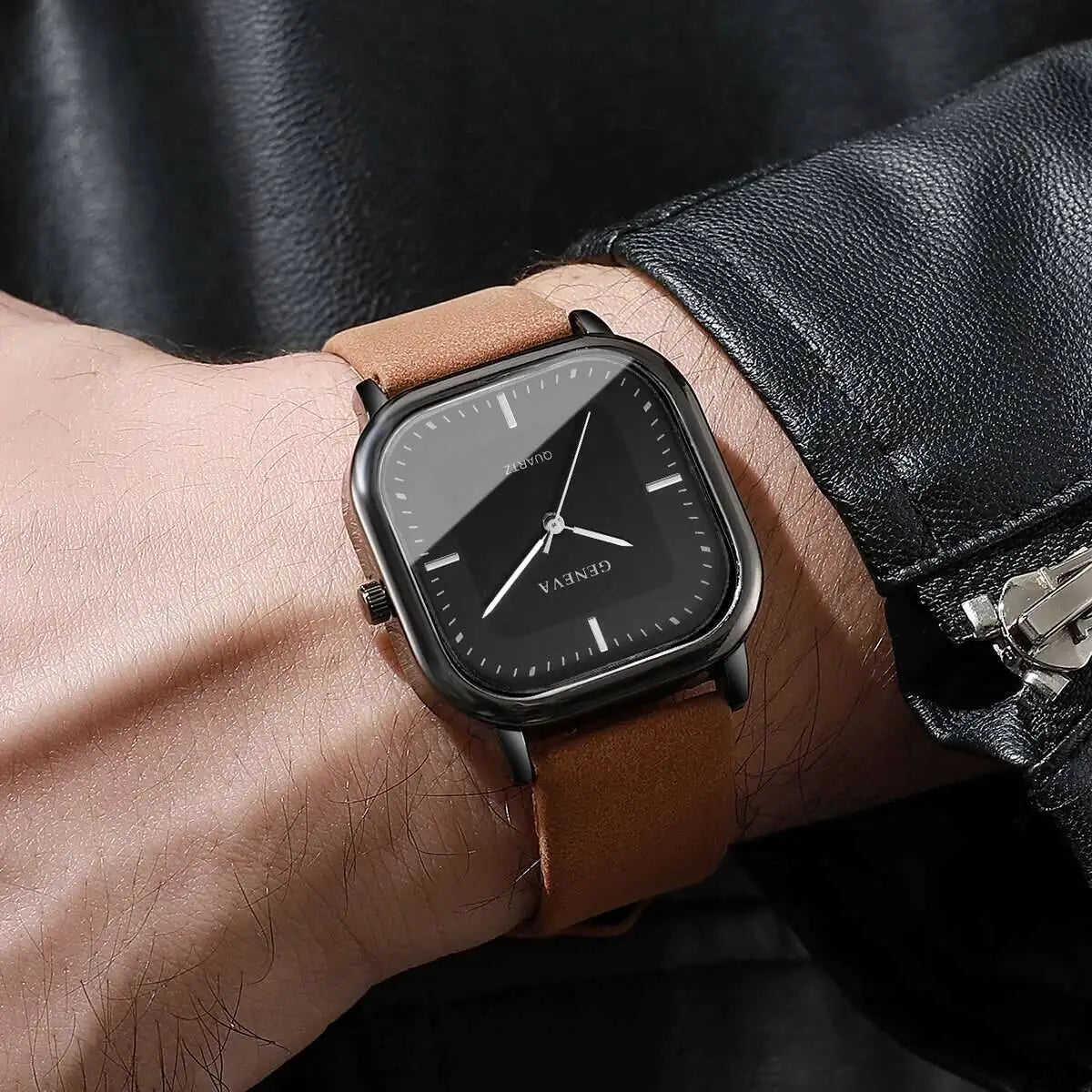 Fashion Square Minimalist Men's Quartz Watch Casual Leather Strap Wristwatch Reloj Hombre(Without Box)