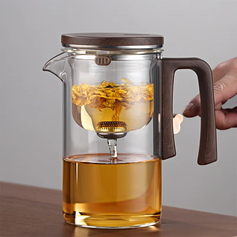 New Water Separation Inner Container Teapot One Click Magnetic Switch Tea Separation Filtration Glass Tea Pot Wood Handle Tea