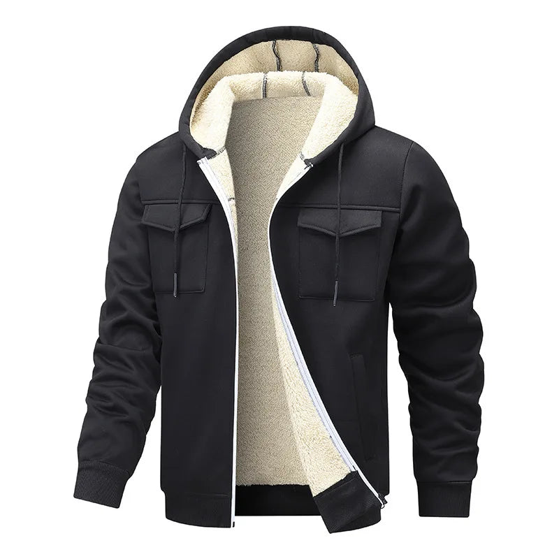 Autumn Winter Man Jacket Thicken Warm Male Hooded Outerwear Simple Solid Color Long Sleeve Versatile Comfortable Men Coat