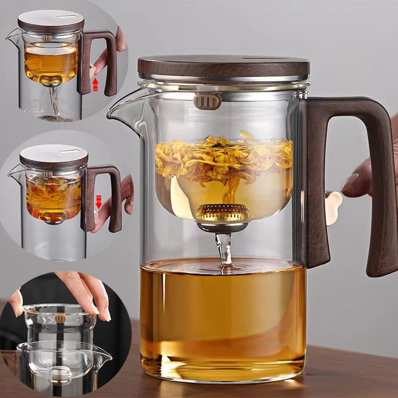900ml 720ml 520ml Tea pot,One Click Magnetic Switch Heat Resistant Glass Teapot with Stainless Steel Tea Strainer KungFu Teaware