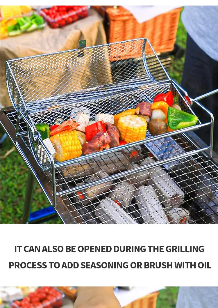 Stainless Steel Rolling BBQ Grill Mesh Basket Grill Rotisserie Basket roll Barbecue cage Roaster