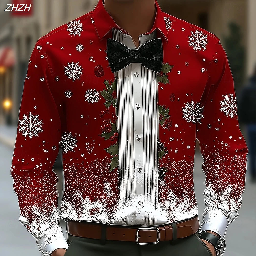 2025 Men's Christmas Snowflake Formal Shirt, 3D Printed Tie Design,Elegant Tuxedo Style,Holiday Party Wedding Attire,Spring Wear