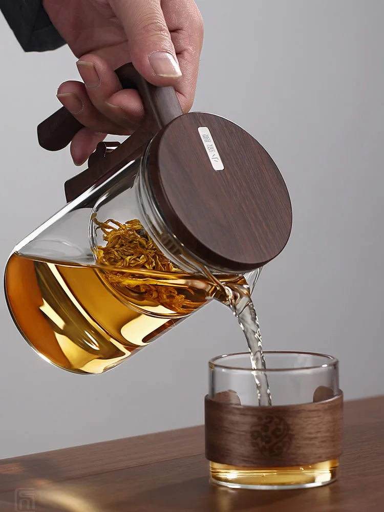 New Water Separation Inner Container Teapot One Click Magnetic Switch Tea Separation Filtration Glass Tea Pot Wood Handle Tea