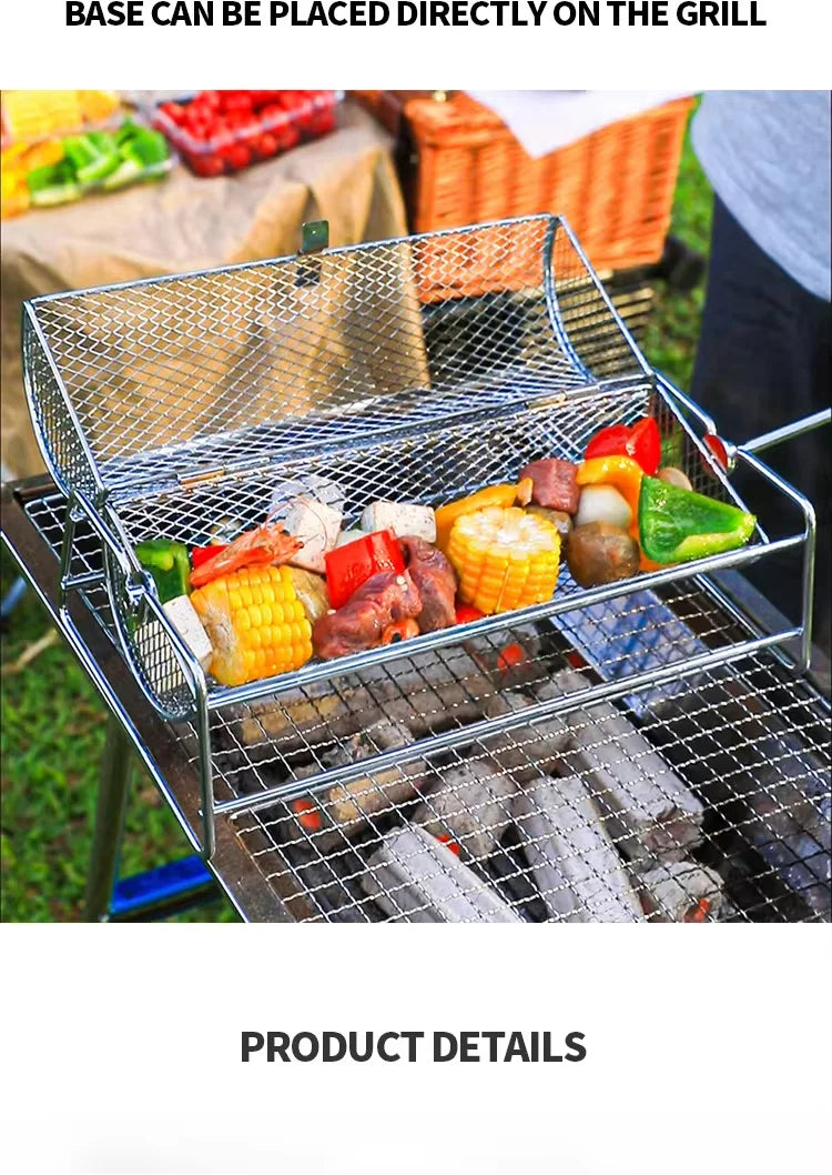 Stainless Steel Rolling BBQ Grill Mesh Basket Grill Rotisserie Basket roll Barbecue cage Roaster