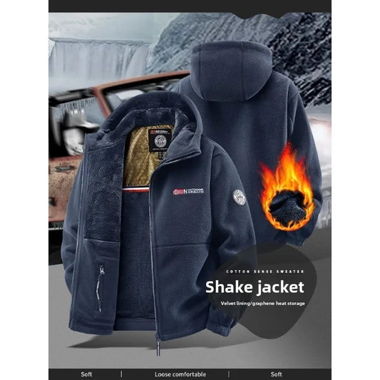 CHUJIE Men's autumn and winter fleece fashion graphenewarm hooded jacket outdoor hiking sports with thick fleece cardigan jacket