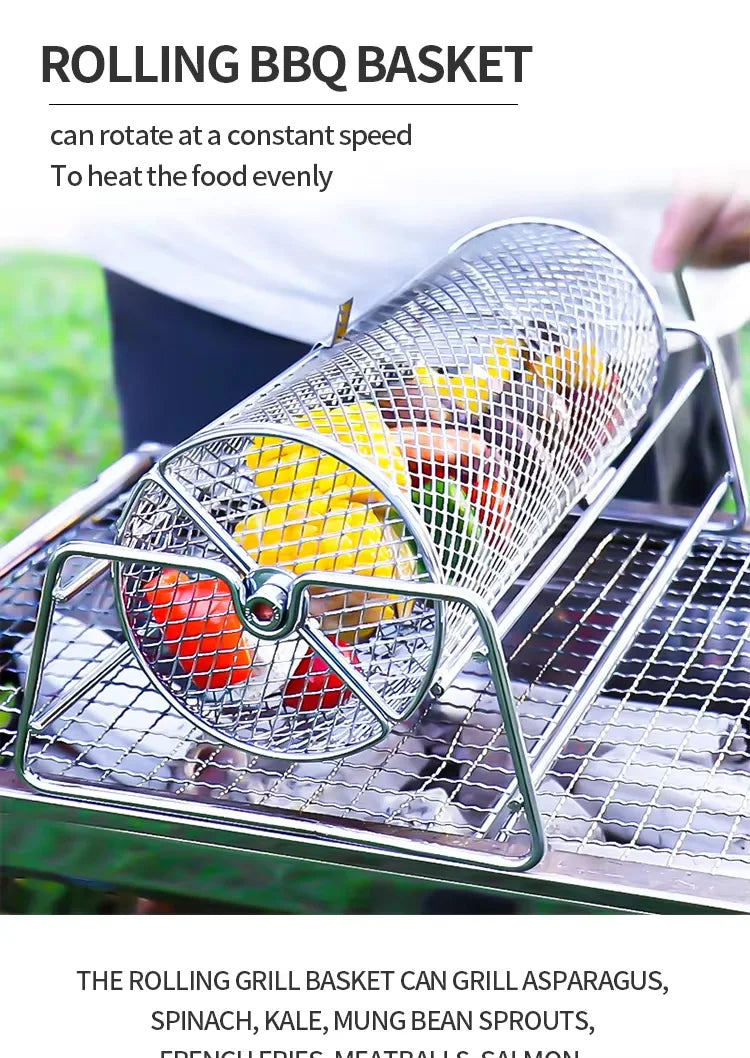 Stainless Steel Rolling BBQ Grill Mesh Basket Grill Rotisserie Basket roll Barbecue cage Roaster