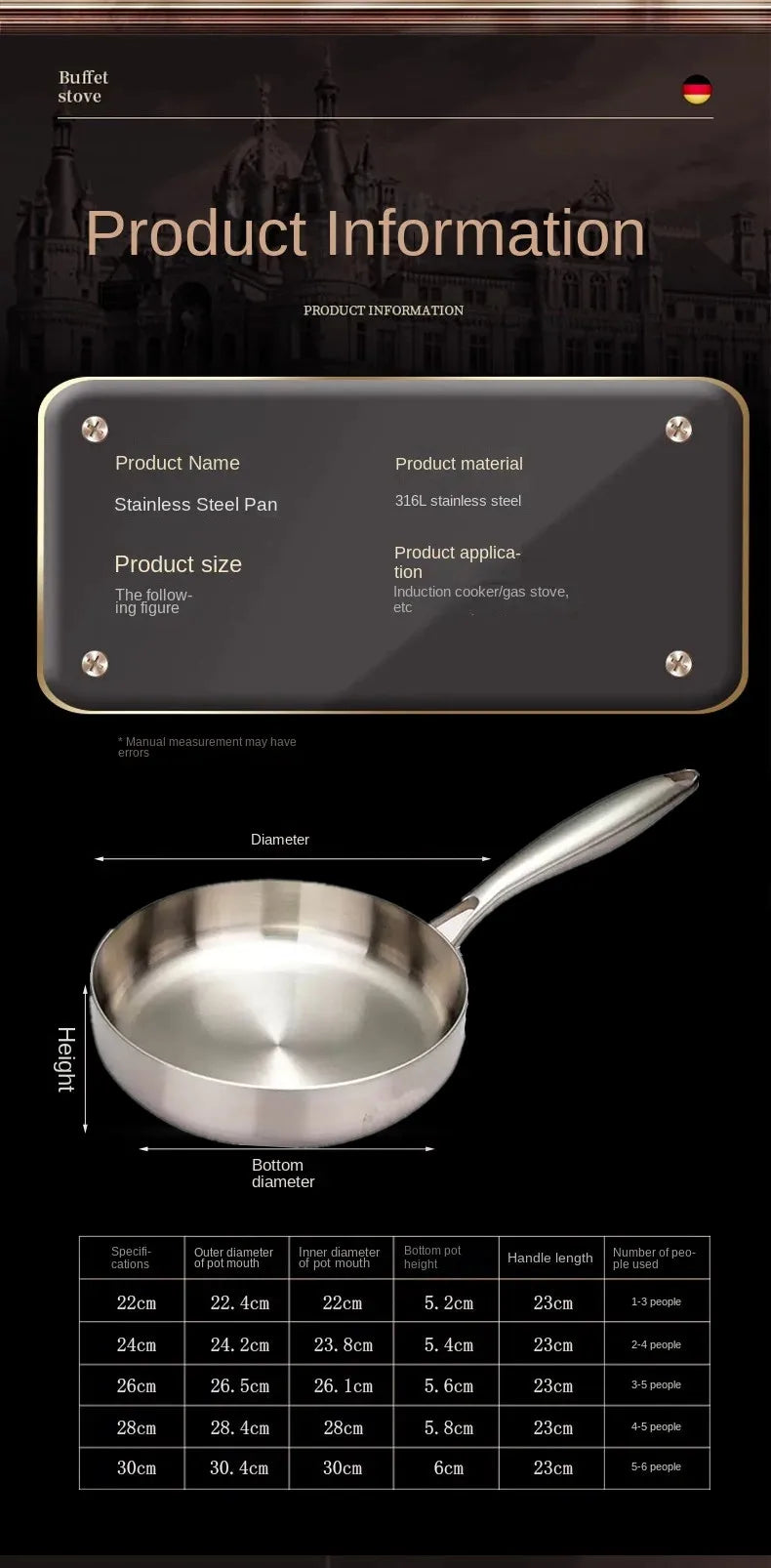 316 Stainless Steel Frying Pan Wok NonStick Pan Fried Steak Pot Uncoated Kitchen Cookware For Gas Stove and Induction Cooker Wok