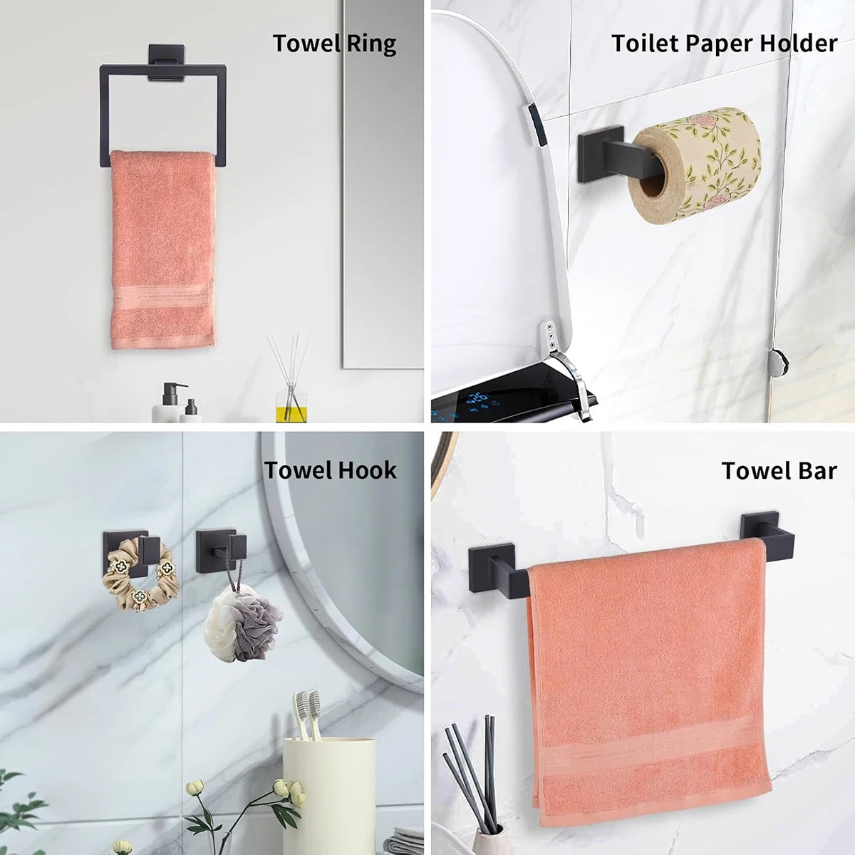 Bathroom Hardware Set Accessories Matte Black Shelf Robe Hook Hanger Towel Rail Bar Rack Tissue Paper Holder Stainless Steel Kit
