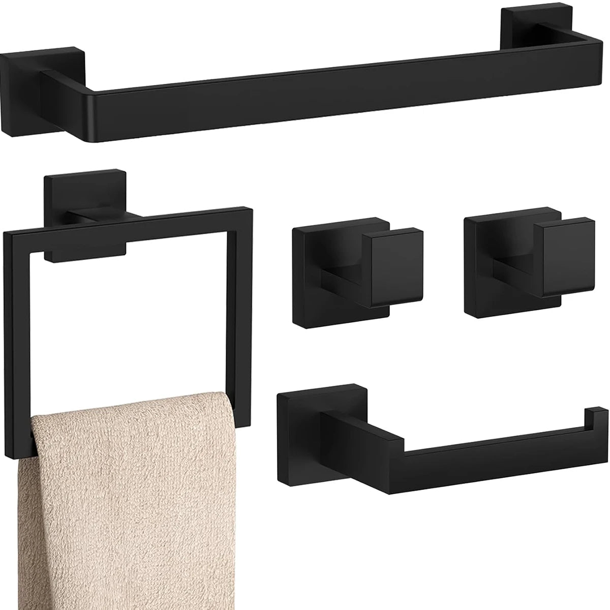 Bathroom Hardware Set Accessories Matte Black Shelf Robe Hook Hanger Towel Rail Bar Rack Tissue Paper Holder Stainless Steel Kit