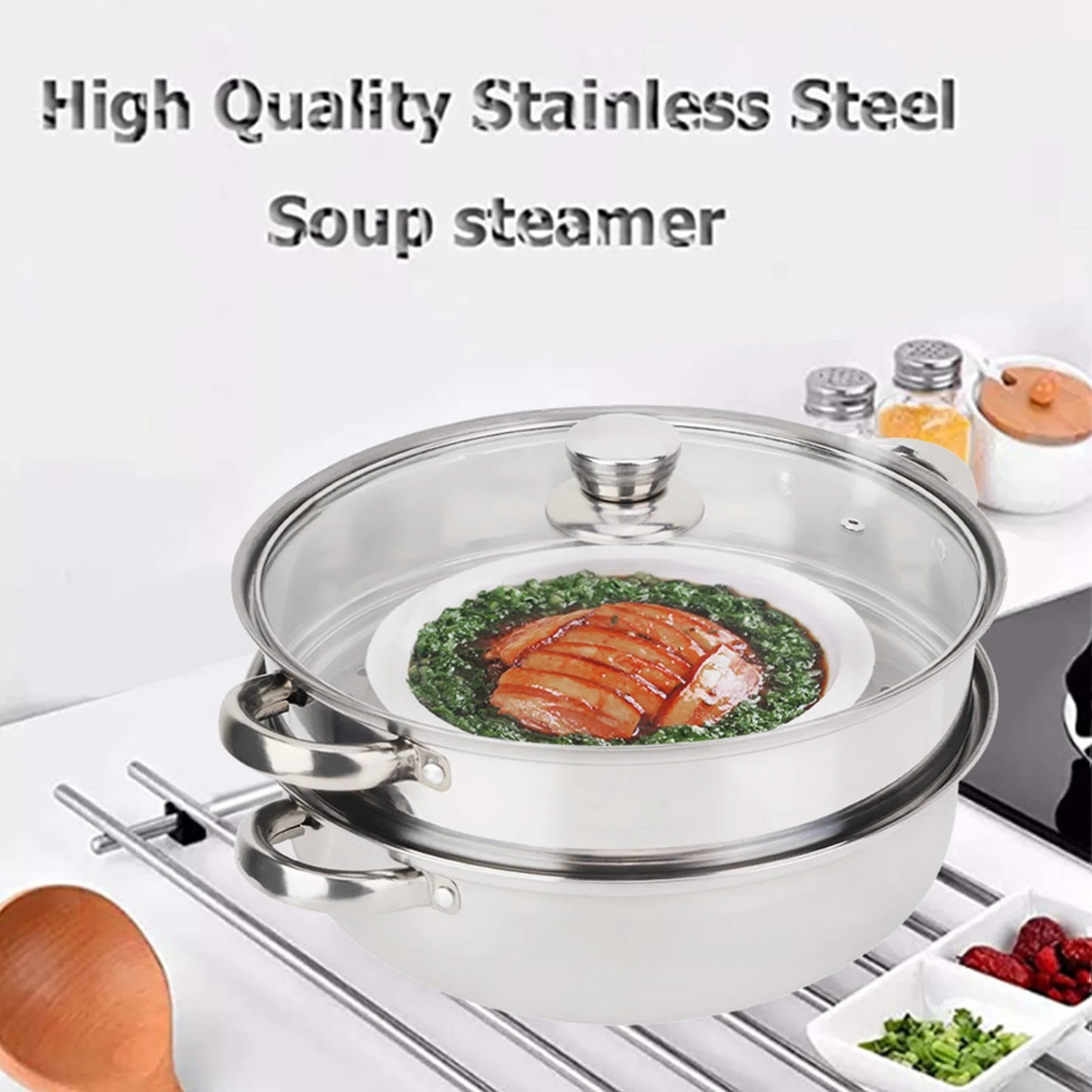Stainless Steel Cookware 27cm/11in 2-Layer Steamer Pot Cooker Double Boiler Soup Steaming Pot Kitchenware Kitchen Supplies