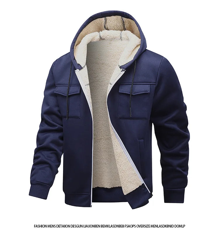 Autumn Winter Man Jacket Thicken Warm Male Hooded Outerwear Simple Solid Color Long Sleeve Versatile Comfortable Men Coat