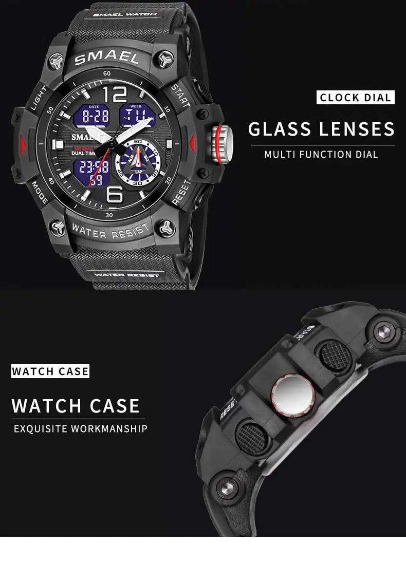 SMAEL Sport Watch Military Wristwatch for Men Alarm Stopwatch LED Digital Back Light Dual Time Display Waterproof Watch Men 8007