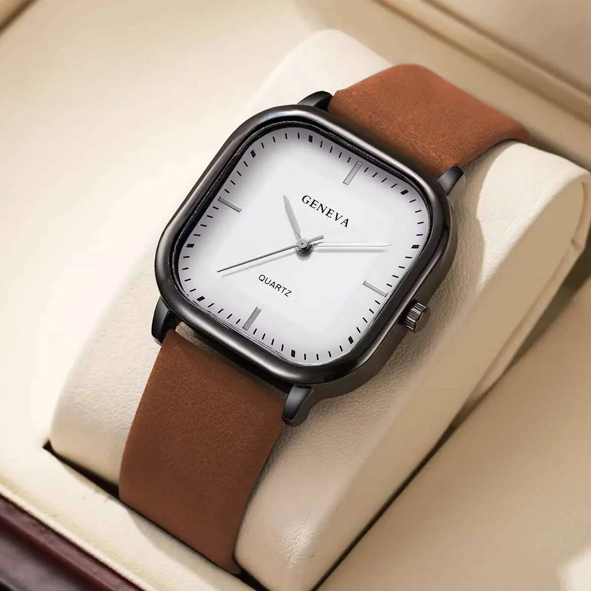 Fashion Square Minimalist Men's Quartz Watch Casual Leather Strap Wristwatch Reloj Hombre（Without Box）