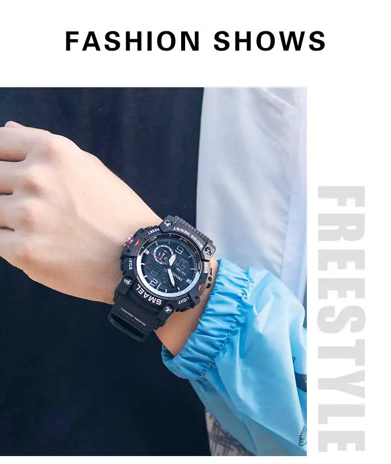 SMAEL Sport Watch Military Wristwatch for Men Alarm Stopwatch LED Digital Back Light Dual Time Display Waterproof Watch Men 8007