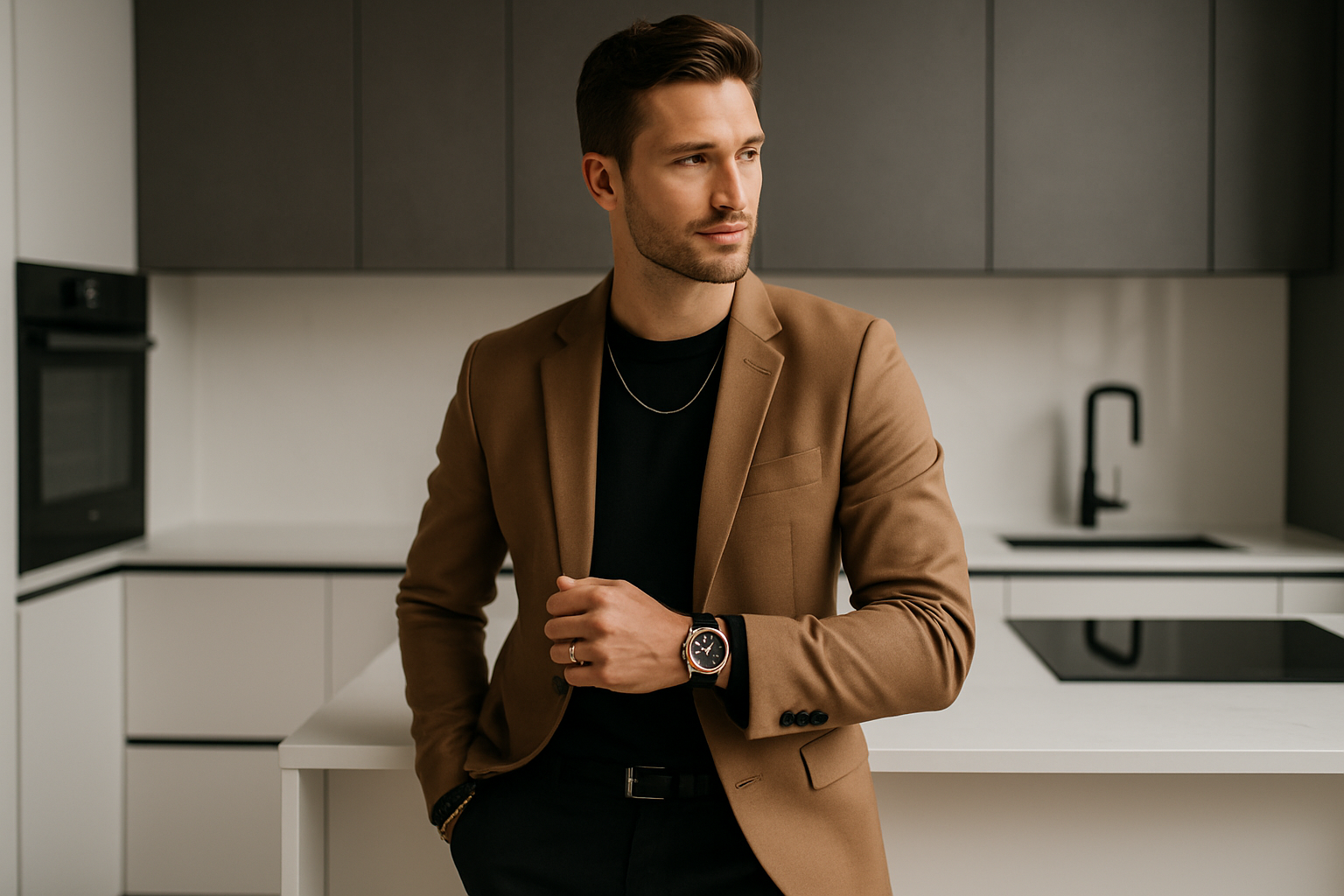 Stylish male model wearing trendy mens s clothing showcasing wristwatch and stylish accessories with a modern kitchen background